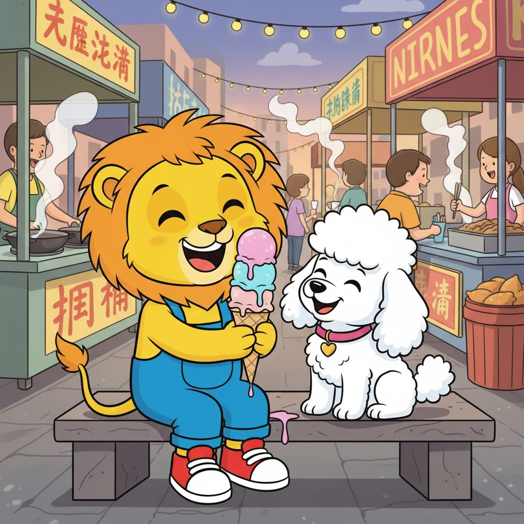 He met a friendly poodle named Penny, who showed him the best spots to find delicious street food. They shared a yummy ice cream cone, laughing and enjoying their adventure together. They became fast friends.