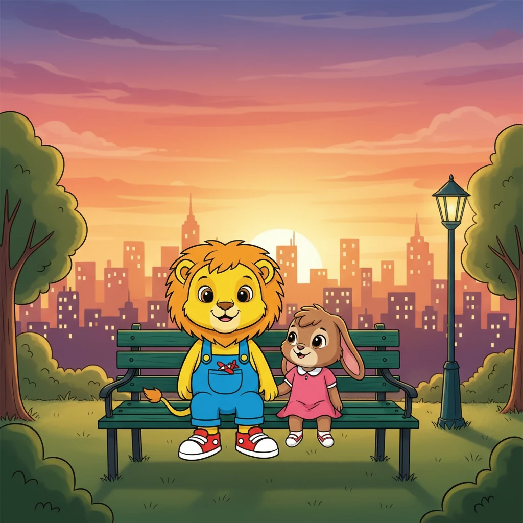 As the sun began to set, painting the sky in beautiful hues, Leo and Penny found a cozy park. They sat on a bench, watching the city lights twinkle on, feeling a sense of belonging.