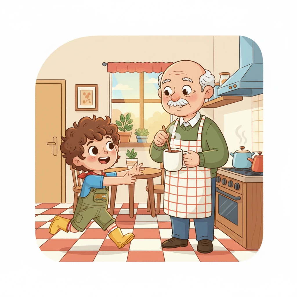 Leo ran to the kitchen where Grandpa Nono was making breakfast. "Is it today, Nono?" he asked, his eyes wide with excitement. Grandpa Nono chuckled, stirring his tea.