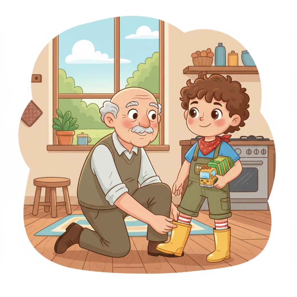 After a quick breakfast, Grandpa Nono helped Leo put on his bright yellow wellington boots. They were ready for their important morning mission. Leo clutched his small toy truck tightly.