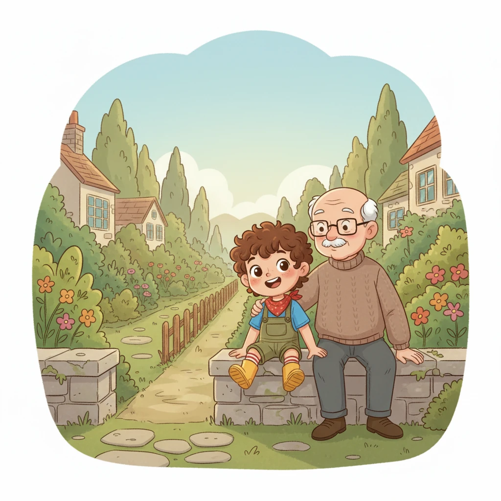 They sat together on the low garden wall, looking down the quiet street. Leo's legs dangled, swinging back and forth with impatience. Grandpa Nono put a comforting arm around him.
