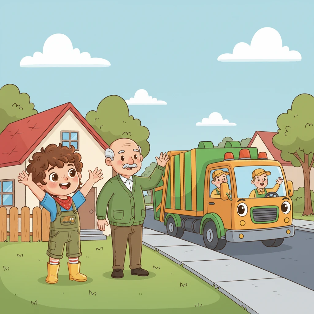 The friendly dustbin men waved cheerfully from their truck as they pulled up to their house. They knew Leo and Grandpa Nono were always waiting for them. Leo waved back with all his might.