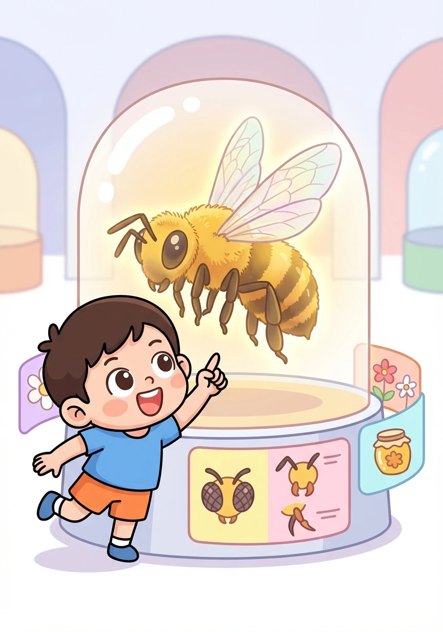 首先映入眼帘的是一只巨大的蜜蜂标本，金黄色的绒毛在柔和的光线下闪闪发光。周围的标注详细介绍了蜜蜂的复眼、触角和口器，以及蜜蜂如何采集花粉酿造蜂蜜。