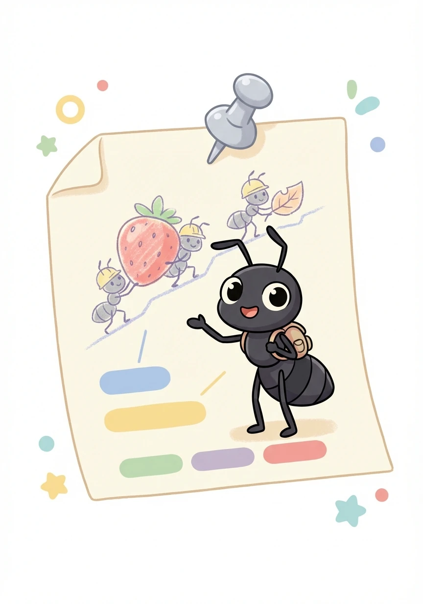 接下来是辛勤的蚂蚁，黑色的身体被昆虫针固定在纸面上。标注介绍了蚂蚁的社会结构、分工合作，以及它们如何搬运比自己重数倍的物体。