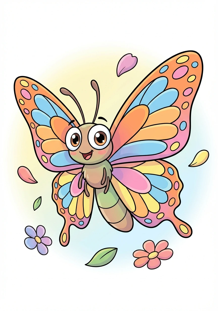 一只色彩斑斓的蝴蝶展开翅膀，翅膀上的鳞片清晰可见。标注讲解了蝴蝶的变态过程、飞行技巧，以及它们如何通过触角感知周围的世界。