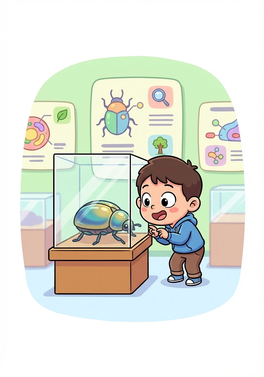 坚硬的甲壳虫标本，外壳闪耀着金属光泽。标注详细介绍了甲壳虫的种类、生活习性，以及它们在生态系统中的作用。