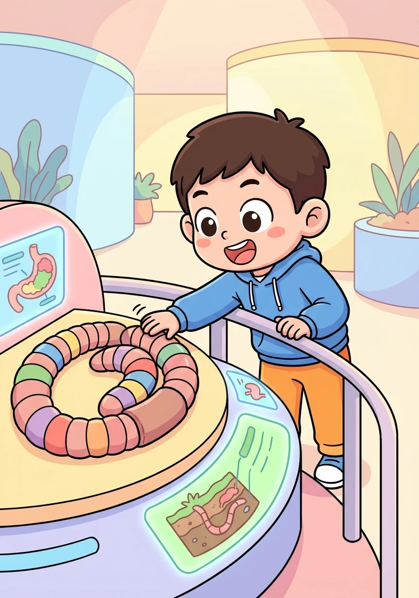 柔软的蚯蚓标本，身体分节明显。标注介绍了蚯蚓的消化系统、呼吸方式，以及它们如何改良土壤。