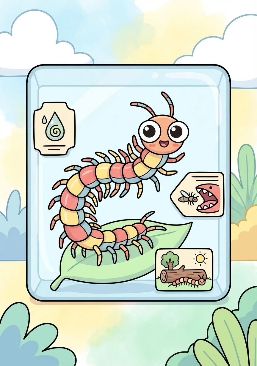 蜈蚣标本，许多足整齐排列。标注介绍了蜈蚣的毒腺、捕食方式，以及它与环境的适应关系。