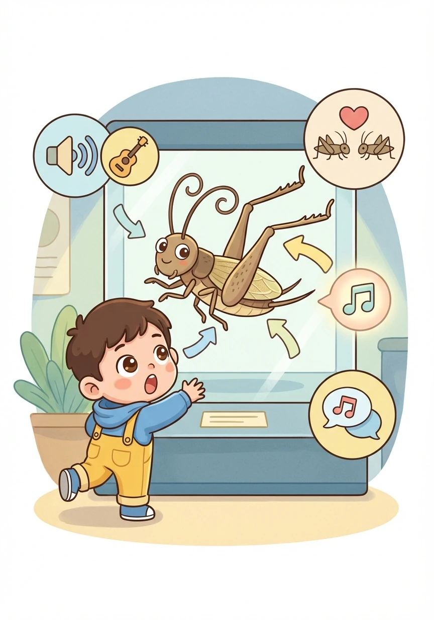 蟋蟀标本，长长的后腿展示了它强大的跳跃能力。标注讲解了蟋蟀的发声器官、求偶行为，以及它们如何通过鸣叫交流。