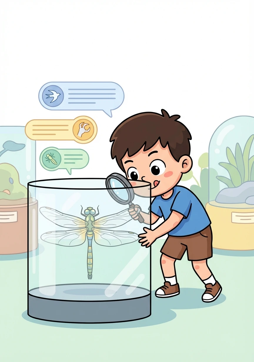 蜻蜓标本，透明的翅膀脉络清晰可见。标注介绍了蜻蜓的飞行速度、捕食技巧，以及它们在水中的幼虫形态。