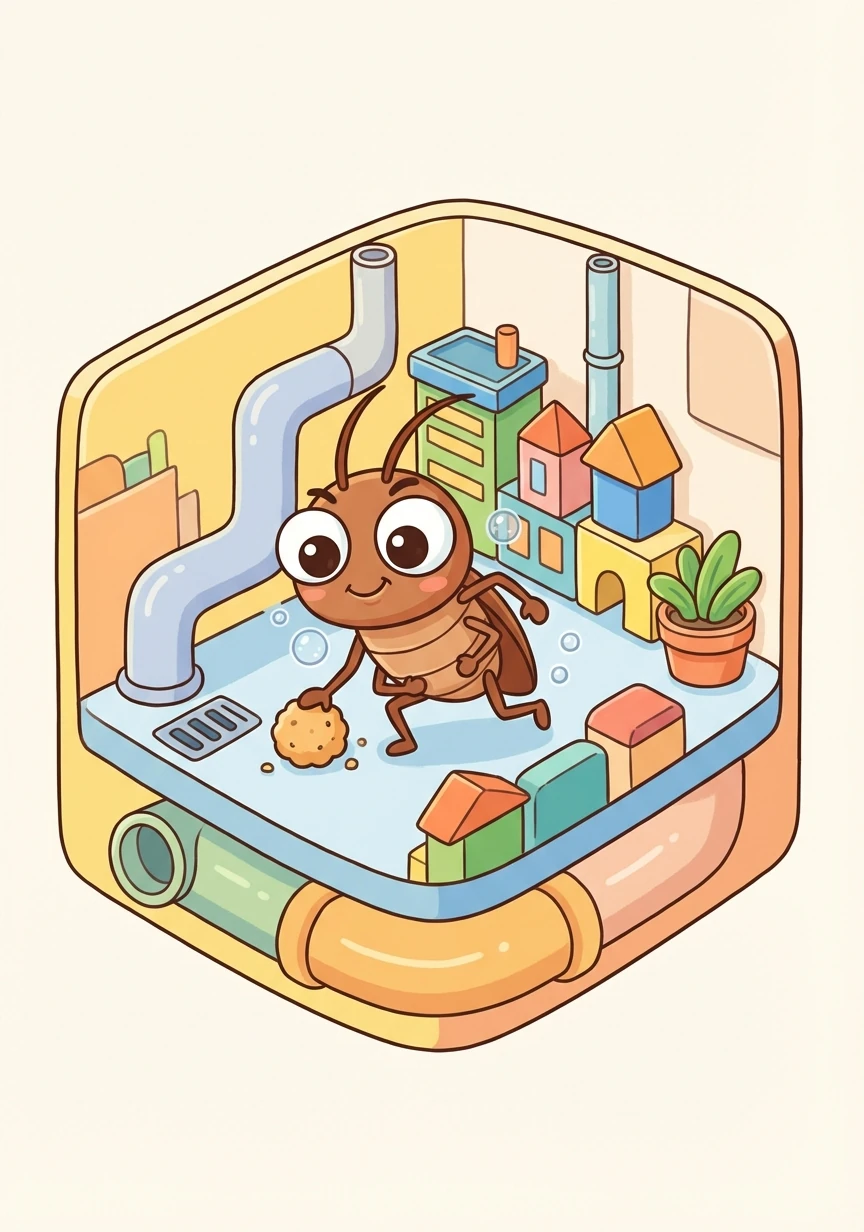 蟑螂标本，展示了它强大的生存能力和适应性。标注介绍了蟑螂的食性、繁殖方式，以及它们在城市生态系统中的角色。