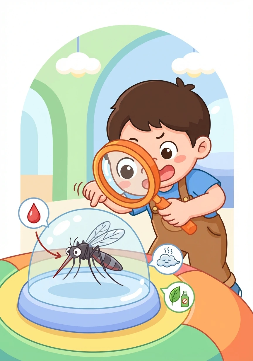 最后是蚊子标本，纤细的身体和尖锐的口器让人印象深刻。标注介绍了蚊子的吸血习性、传播疾病的方式，以及如何预防蚊虫叮咬。