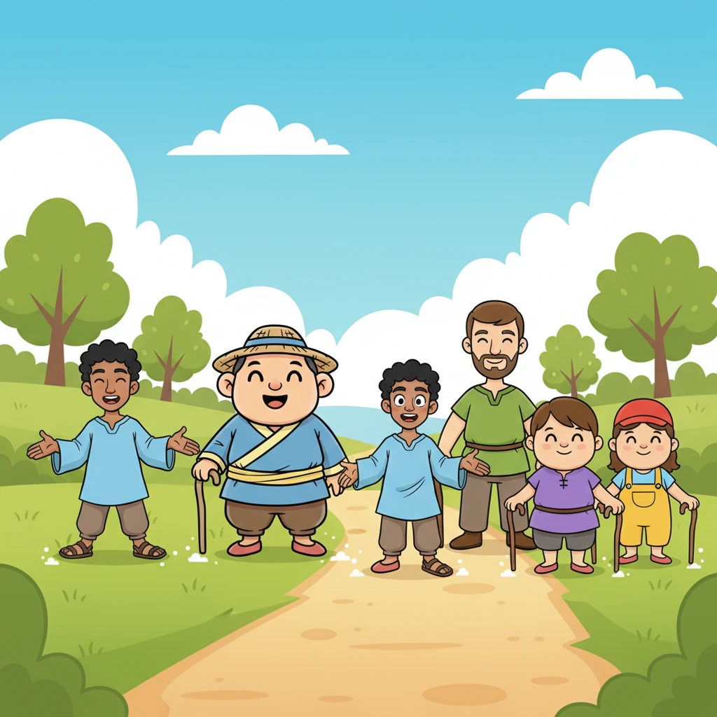 Six cheerful friends, Barnaby, Jasper, Finn, Leo, Milo, and Oscar, were on a grand adventure. Though they couldn't see with their eyes, their hearts were full of curiosity and wonder. They walked hand-in-hand, their canes tapping a happy rhythm on the dusty path.