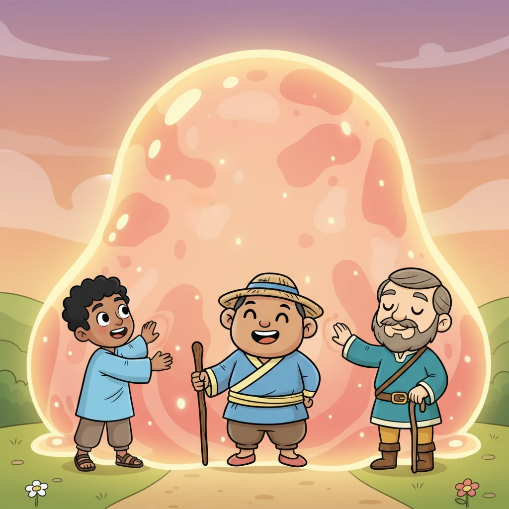 Suddenly, their path was blocked by something enormous and utterly unknown! It was vast, warm, and unlike anything they had ever encountered. Their faces lit up with excitement and a touch of bewilderment as they reached out to explore this mystery.