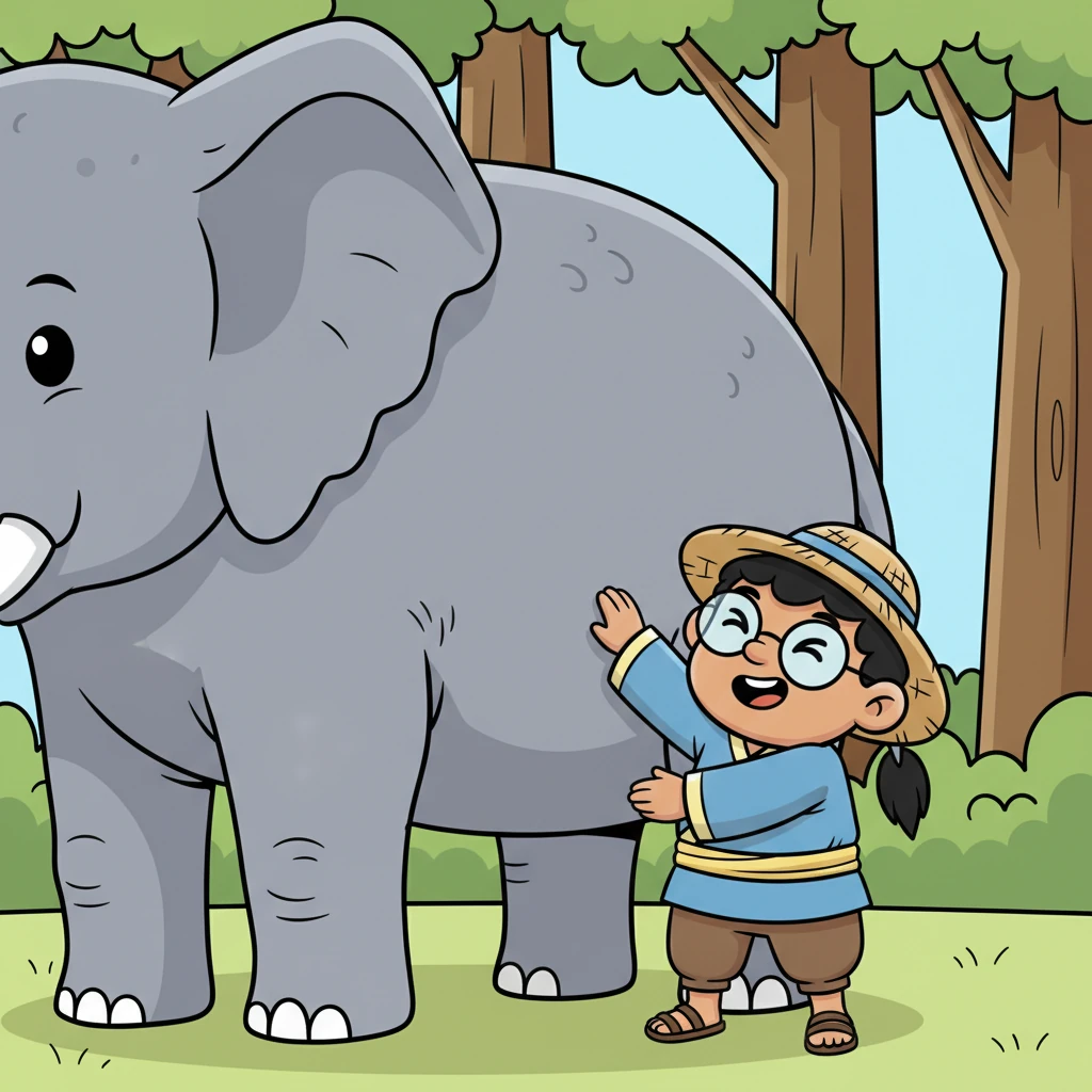 Barnaby, the first friend, cautiously touched the creature's broad, flat side. "Aha!" he exclaimed with a grin, "An elephant is just like a giant, bumpy wall!" He patted the firm surface, convinced of his discovery.
