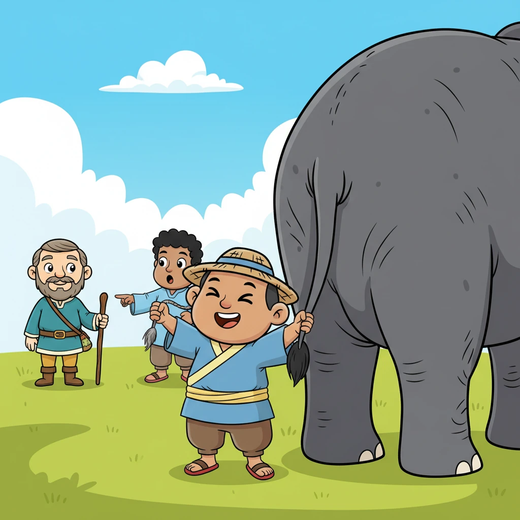Oscar, the sixth friend, grasped a thin, bristly strand. He tugged it gently. "You are all mistaken!" he announced, holding it up. "An elephant is just like a thin, coarse rope! Nothing more!"
