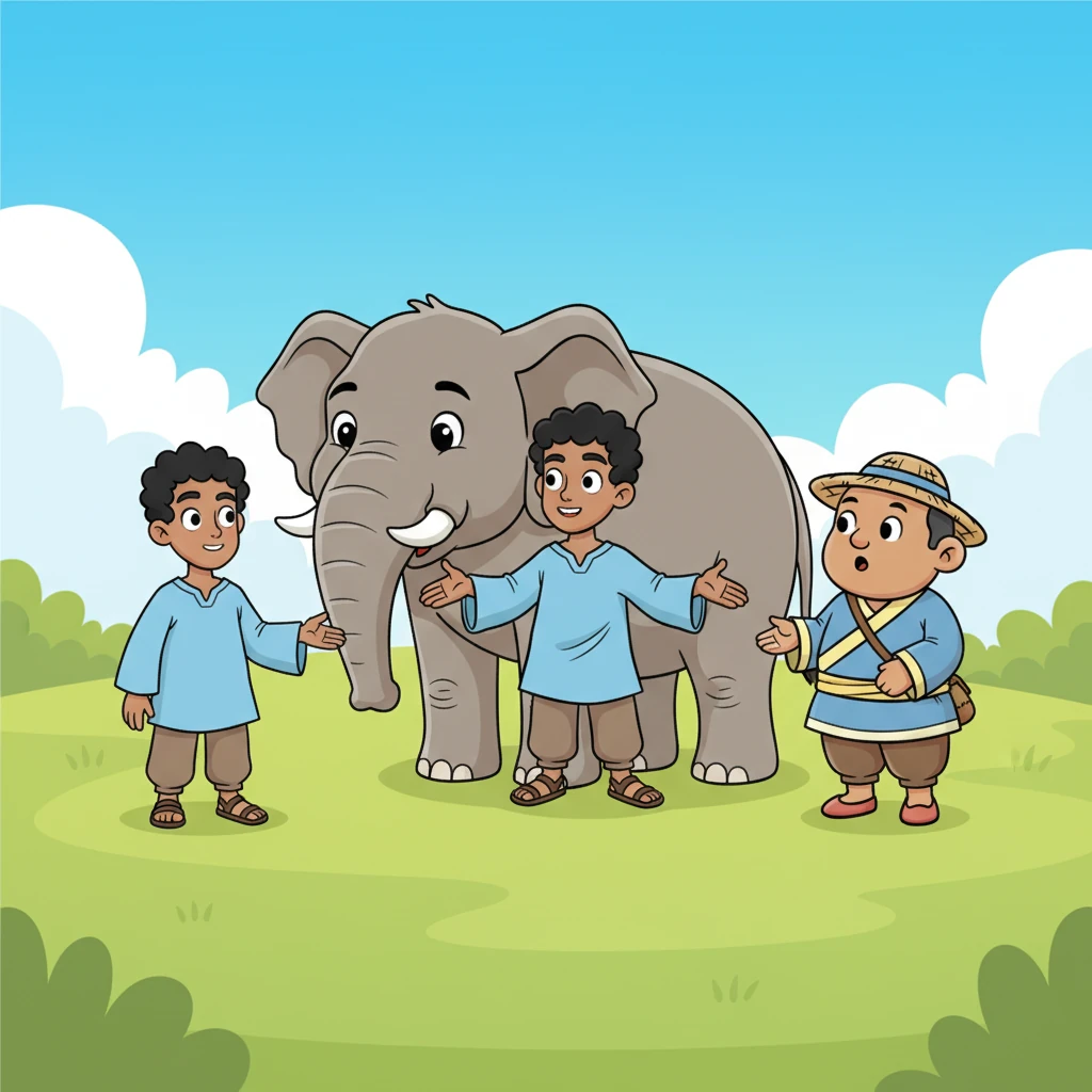 Just then, Mr. Babu, the wise elephant owner, appeared with a gentle smile. He explained, "My dear friends, you are all partially right, but also partially wrong. You have each touched only a piece of this magnificent creature." He encouraged them to listen to each other, so they could understand the whole, wonderful elephant together.