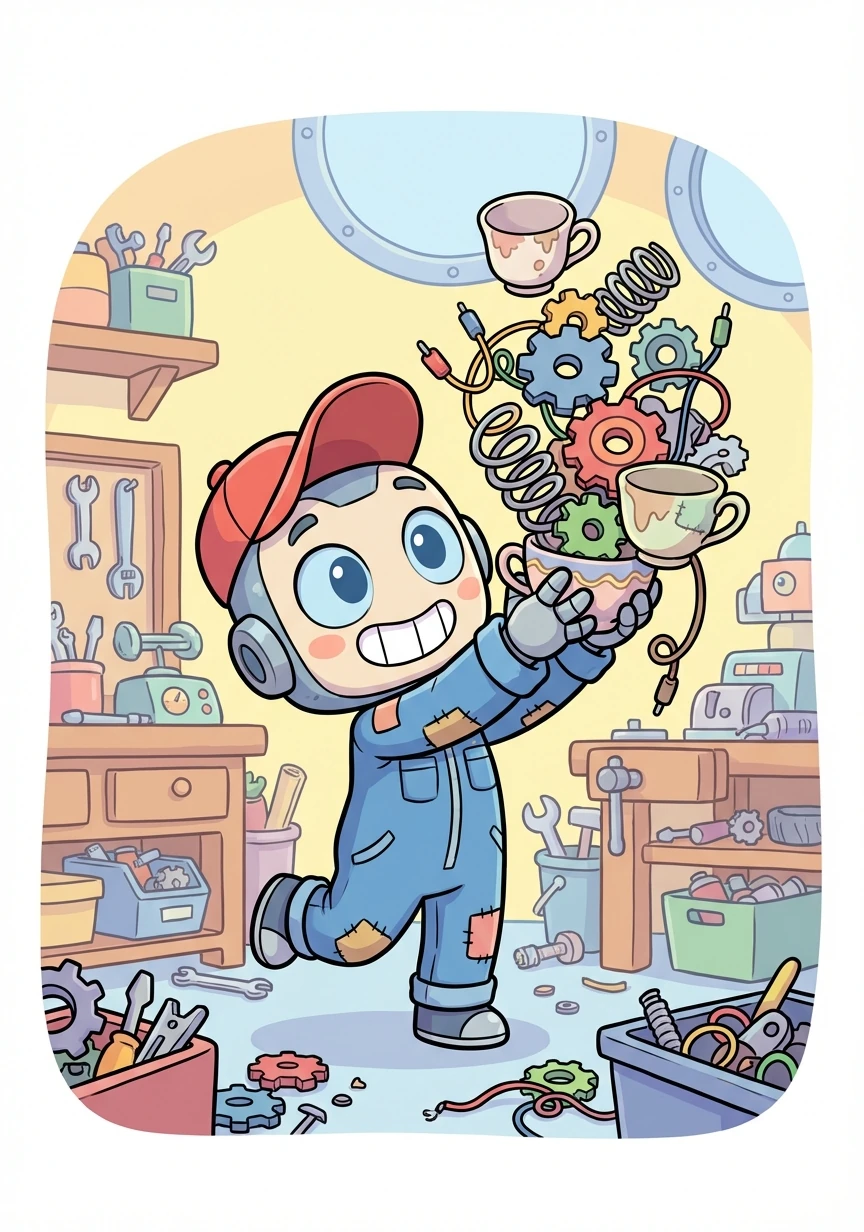 Pip gathered tools and materials: gears, springs, wires, and even some old teacups! The workshop was soon overflowing with potential inventions.