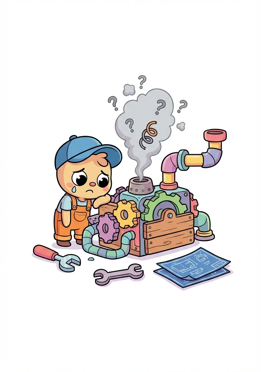 Pip started building, but things weren't going as planned. The machine sputtered, whirred, and then… nothing! Pip felt discouraged.