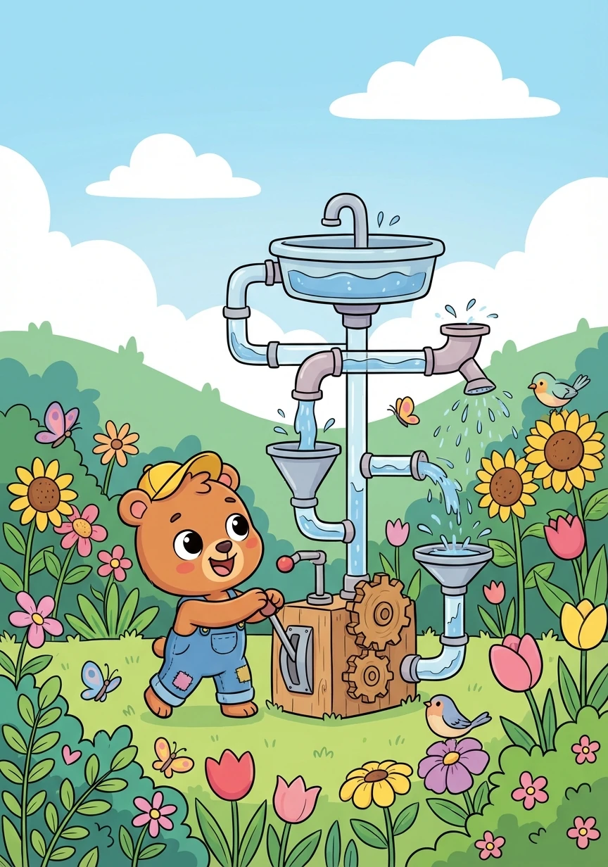 Finally, the invention came to life! It was a machine that collected rainwater and distributed it to the town's gardens, making everything bloom.