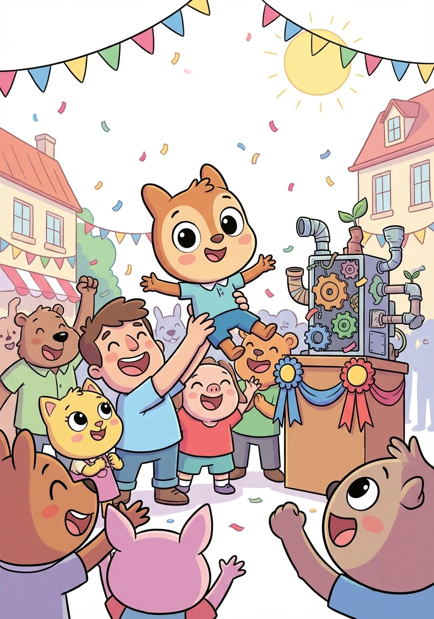 Pip won the contest! The whole town cheered, celebrating Pip's ingenuity and the wonderful invention that helped everyone.