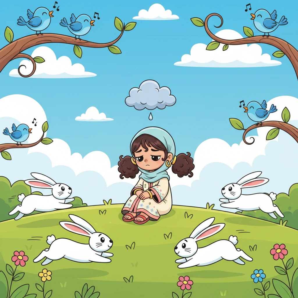 فرح الصغيرة كانت تجلس وحدها، تشاهد الأرانب السريعة والطيور المغردة. شعرت بأنها ليست سريعة مثل الأرانب ولا تغني بجمال الطيور. كان هناك غيمة صغيرة من الحزن فوق رأسها، وجعلتها تشعر بالضآلة.