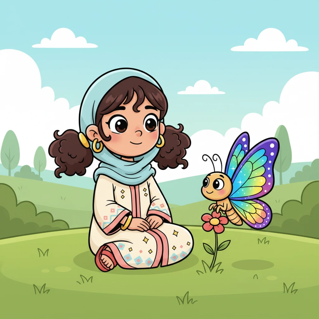 فجأة، حطت فراشة زاهية الألوان بجانب فرح، أجنحتها تتلألأ كالماس. نظرت الفراشة إلى فرح بعينيها اللامعتين وابتسمت بحنان، وكأنها تعرف سر حزن فرح.