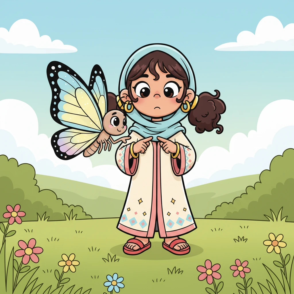 قالت الفراشة بصوت رقيق: "يا فرح، لماذا أنت حزينة؟" ثم أشارت إلى صدر فرح الصغير. "أتعلمين أن لديك شيئًا رائعًا يختبئ بداخلك؟" فرح نظرت إلى صدرها بحيرة وفضول.