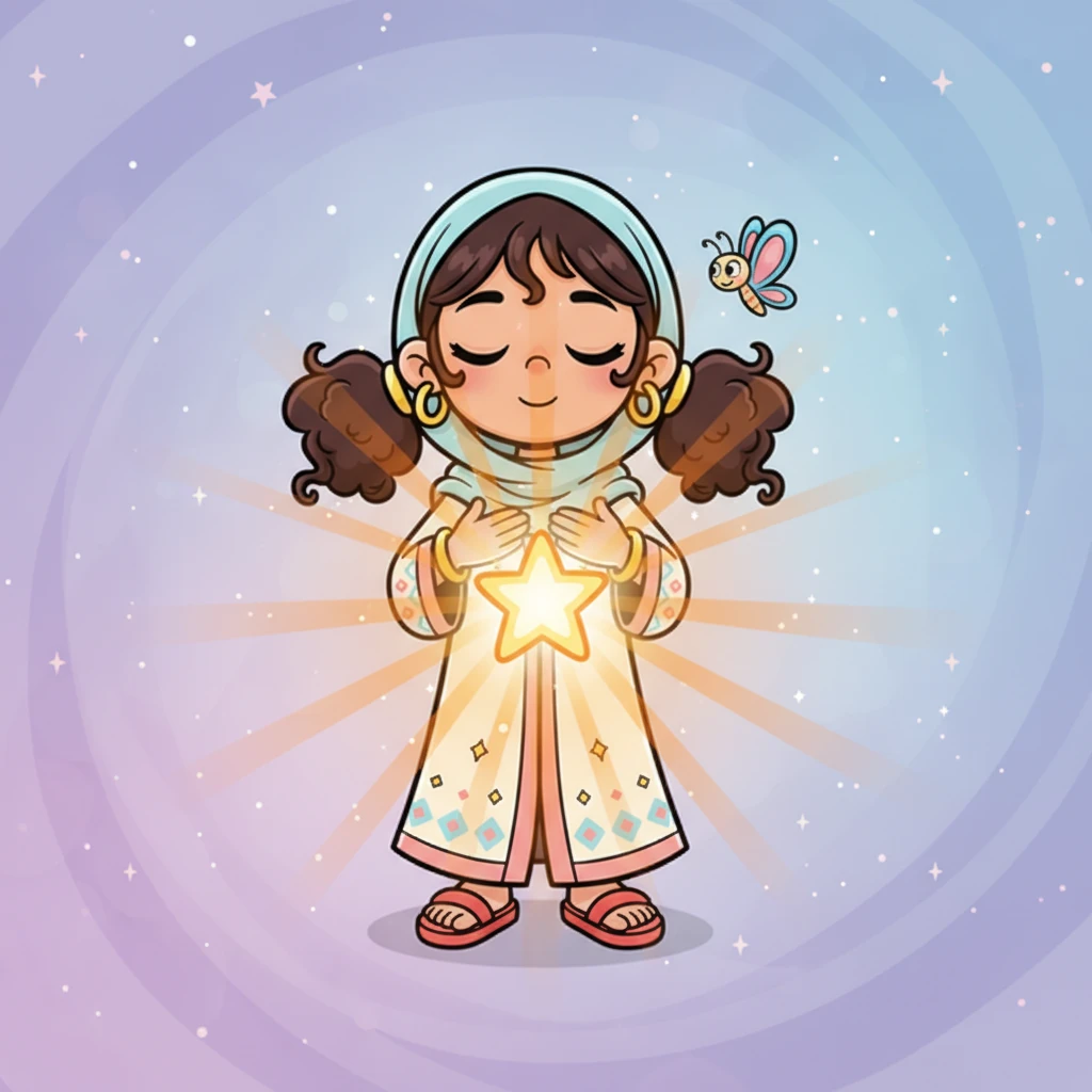 أغمضت فرح عينيها بتشجيع من الفراشة. تخيلت نجمة صغيرة تتلألأ وتضيء ببطء في قلبها. شعرت بدفء لطيف ينتشر في كل مكان داخلها، كأنها اكتشفت سراً جميلاً.