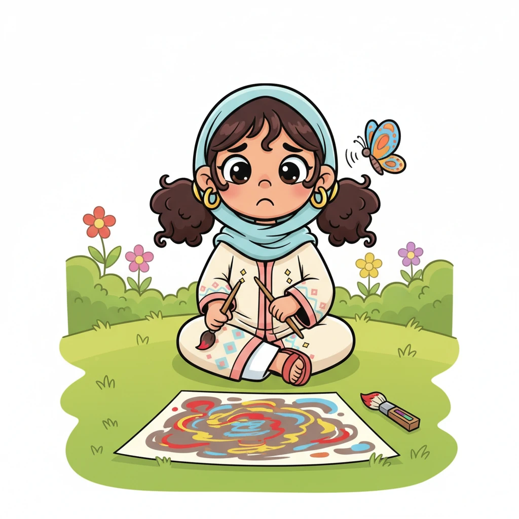 في اليوم التالي، حاولت فرح رسم صورة للشمس، لكن الألوان اختلطت وأصبحت فوضوية. كادت أن تستسلم وتشعر بالإحباط، لكن الفراشة طارت حولها وهمست: "لا بأس يا فرح، استمري!"