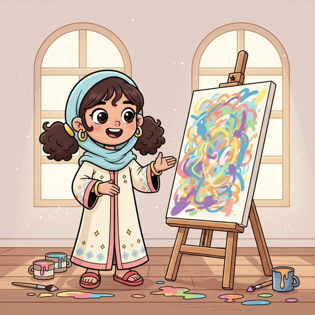 نظرت فرح إلى لوحتها الفوضوية مرة أخرى. أخيرًا، ابتسمت، فقد رأت فيها شيئًا فريدًا وجميلًا بأسلوبها الخاص. لم تكن مثالية، لكنها كانت رائعة لأنها صنعتها بنفسها.