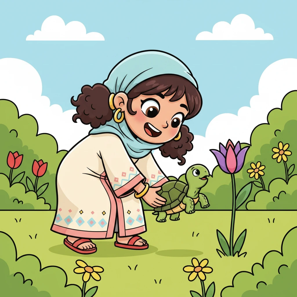 وبينما كانت فرح تلعب، رأت سلحفاة صغيرة تحاول الوصول إلى زهرة عالية. كانت السلحفاة قصيرة جدًا. تقدمت فرح بحماس واستخدمت حيلتها الخاصة لمساعدة السلحفاة في الوصول إلى الزهرة.