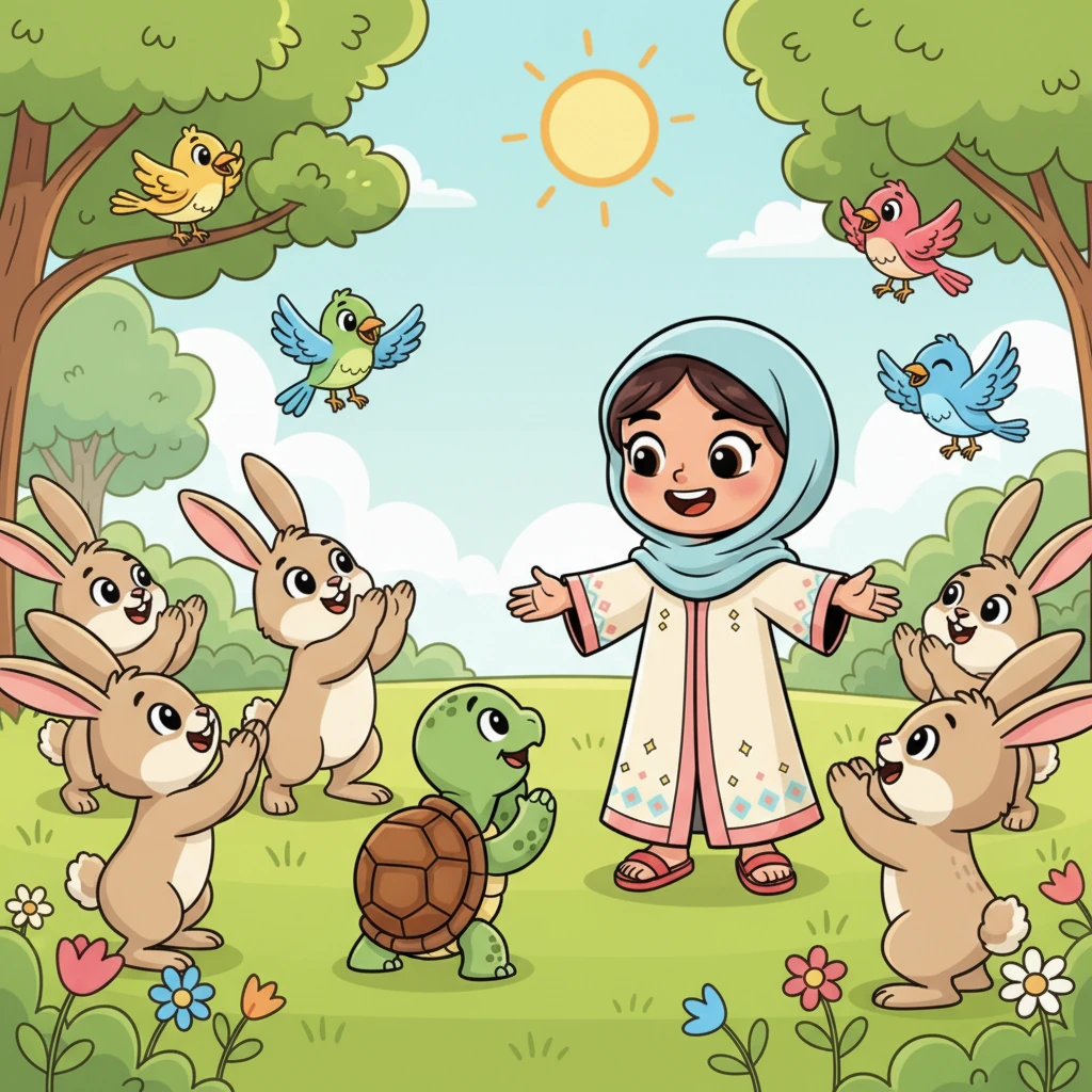 صفقت السلحفاة الصغيرة بسعادة، وشكرت فرح بحرارة. حتى الأرانب والطيور التي كانت فرح تقارن نفسها بها بدأت تهتف وتصفق لها. شعرت فرح بالفخر والقوة.