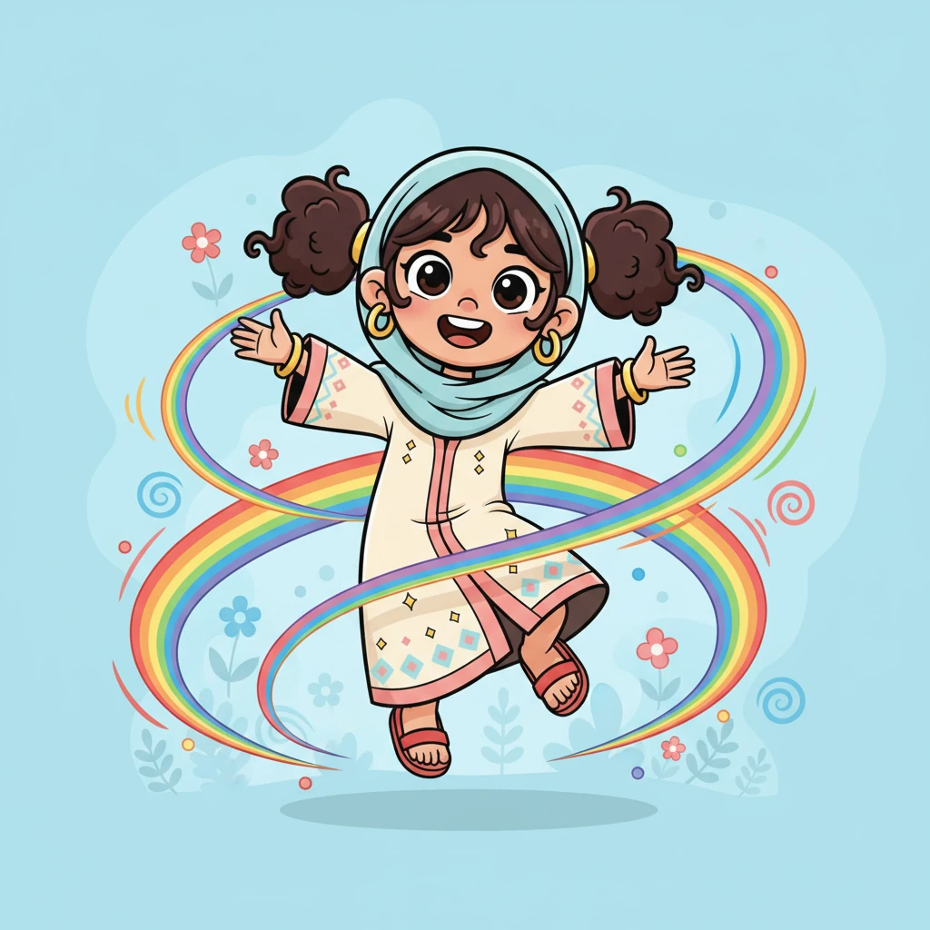 مليئة بالبهجة والثقة، بدأت فرح ترقص. كانت حركاتها مليئة بالمرح والعفوية، وألوان قوس قزح تتطاير حولها مع كل قفزة. كانت سعيدة لأنها فرح، بكل ما فيها من تميز.