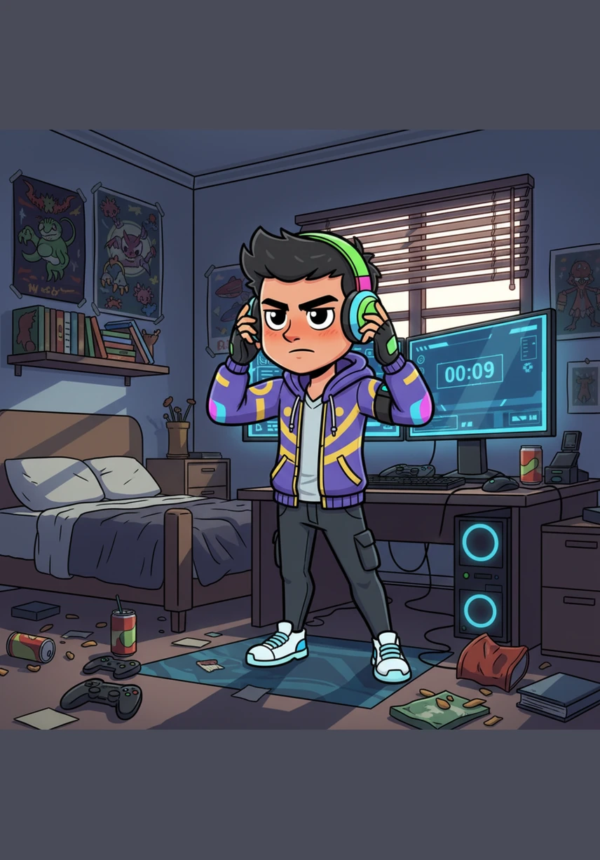 Rony puts on his colorful gaming headset and joins a lobby with his friends online. With a confident smirk, he tells his squad to sit back and watch because he plans to take down the entire enemy team all by himself.