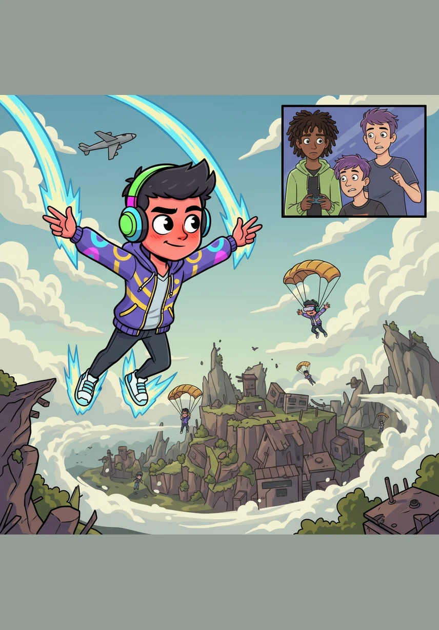 The match begins, and Rony’s character parachutes down toward the dangerous Peak area with a flashy, stylish dive. He ignores the nearby buildings, telling his friends that a true master doesn't need to waste time searching for loot when they have his level of skill.