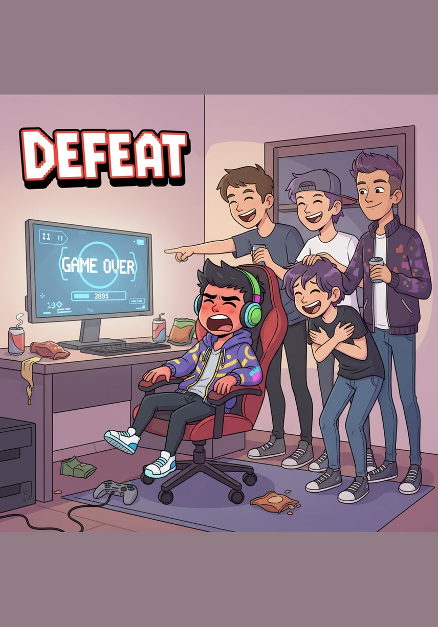 His friends' voices crackle through the headset, laughing and teasing him about his failed plan to wipe out the whole squad. Rony stares at the screen in disbelief, his face turning a bright shade of embarrassed red.