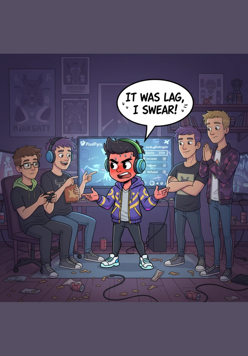 Rony quickly makes an excuse, claiming that his character only died because his internet connection suddenly started lagging. He shakes his phone and points at the Wi-Fi signal icon, trying to convince his friends it wasn't his fault.