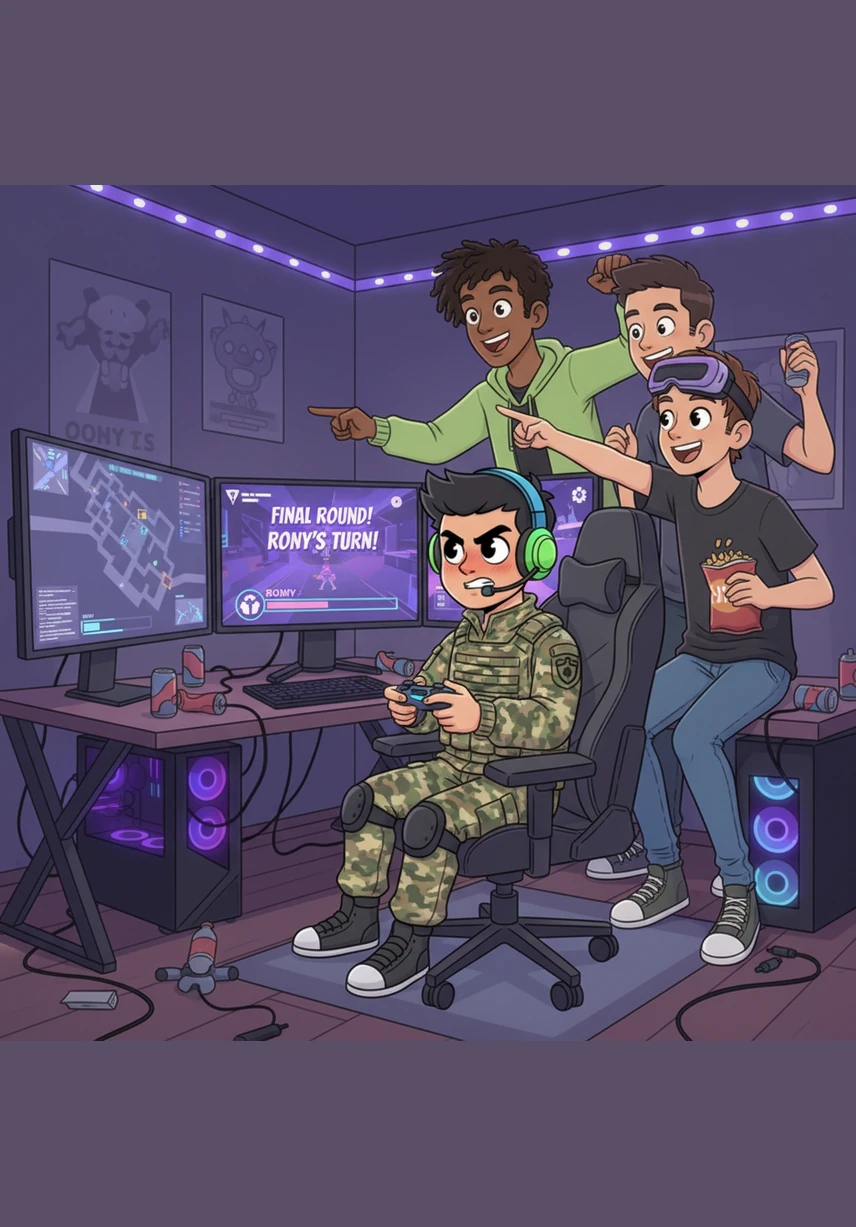 They start a new match, and this time Rony looks incredibly focused, leaning forward with his eyes glued to the screen. He tells everyone in the squad to be completely silent so he can concentrate on the sound of enemy footsteps.
