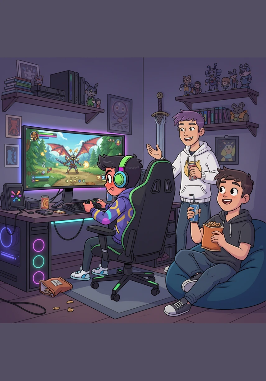 The room is dead quiet for a long moment until Rony suddenly jumps out of his chair, screaming "Enemy! Enemy! Enemy!" at the top of his lungs. His friends scramble in the game, spinning their characters around frantically to find the hidden threat.