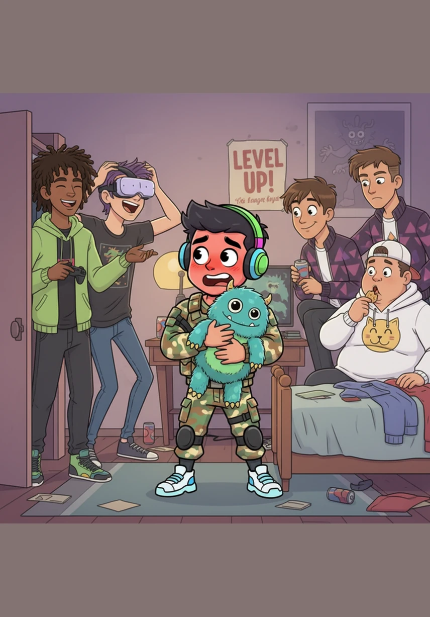 When his confused friends ask where the enemy is hiding, Rony points sheepishly at the television in the corner of his room. It turns out the "enemy" was just a news report about a fictional battle, leaving his friends in fits of uncontrollable laughter.