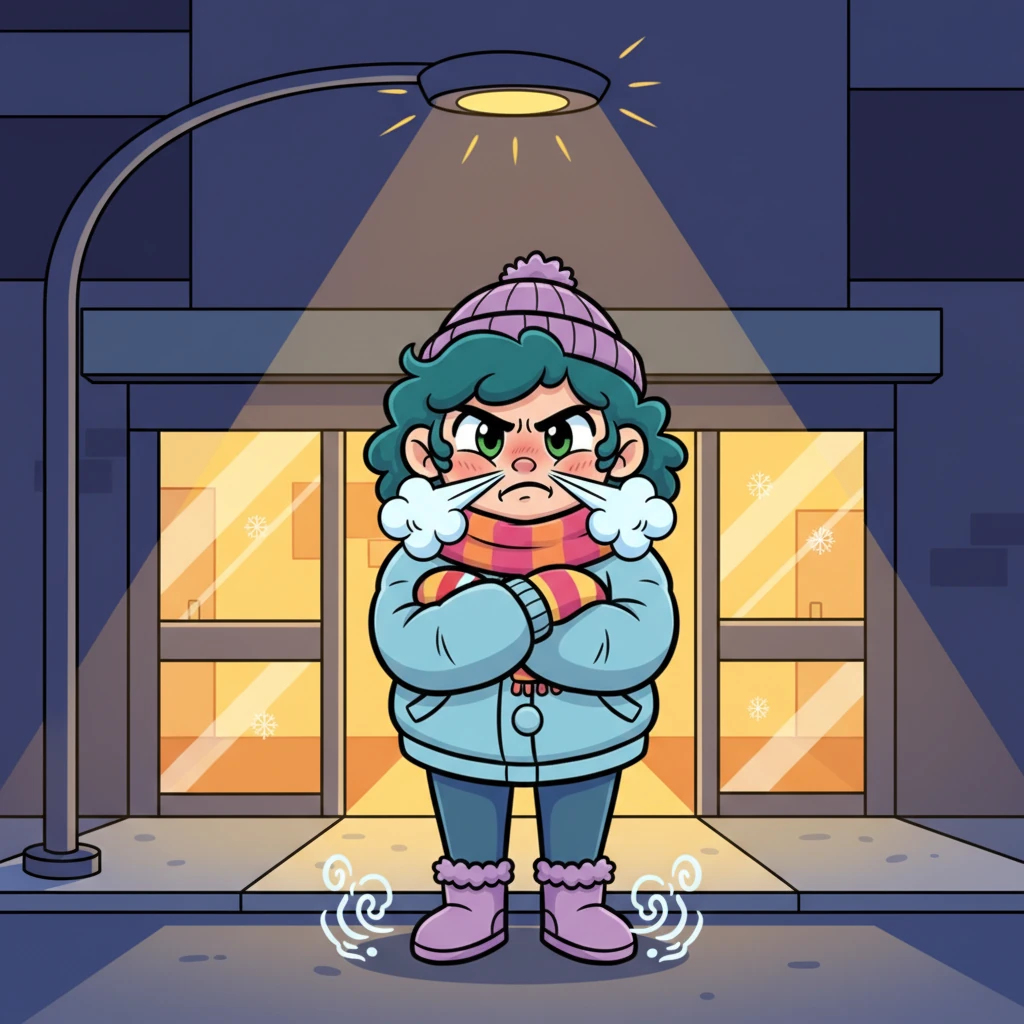 Emerald, bundled up and defiant, stands under a flickering streetlight outside the hospital. Her breath puffs out in exaggerated clouds, contrasting with the fake, overly bright warmth glowing from the glass doors. Her face is a fierce frown, arms crossed tightly against the punishing cold.