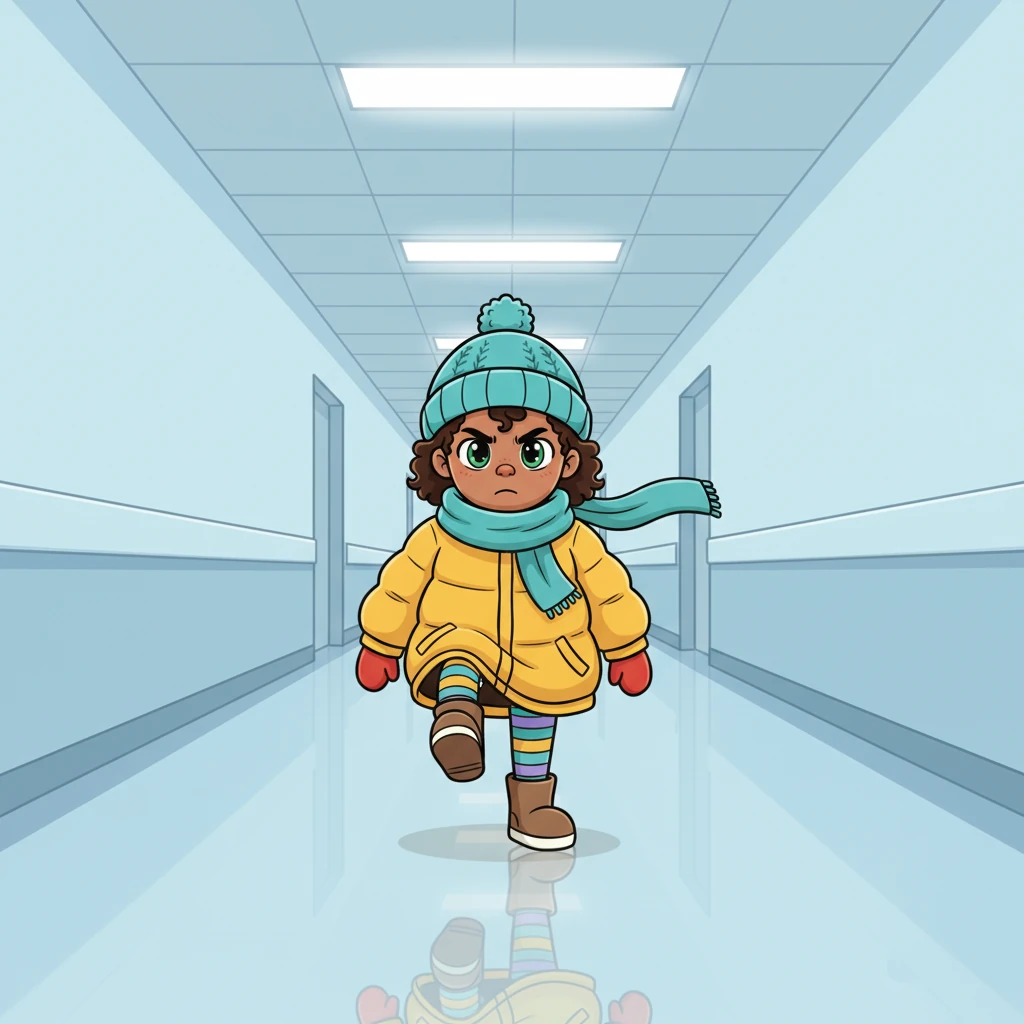 Emerald marches down a long, impossibly clean hospital hallway, her rigid body moving as if against a strong wind. The gleaming floor reflects distorted versions of the harsh fluorescent lights above. Her expression is a mask of determination mixed with underlying dread.