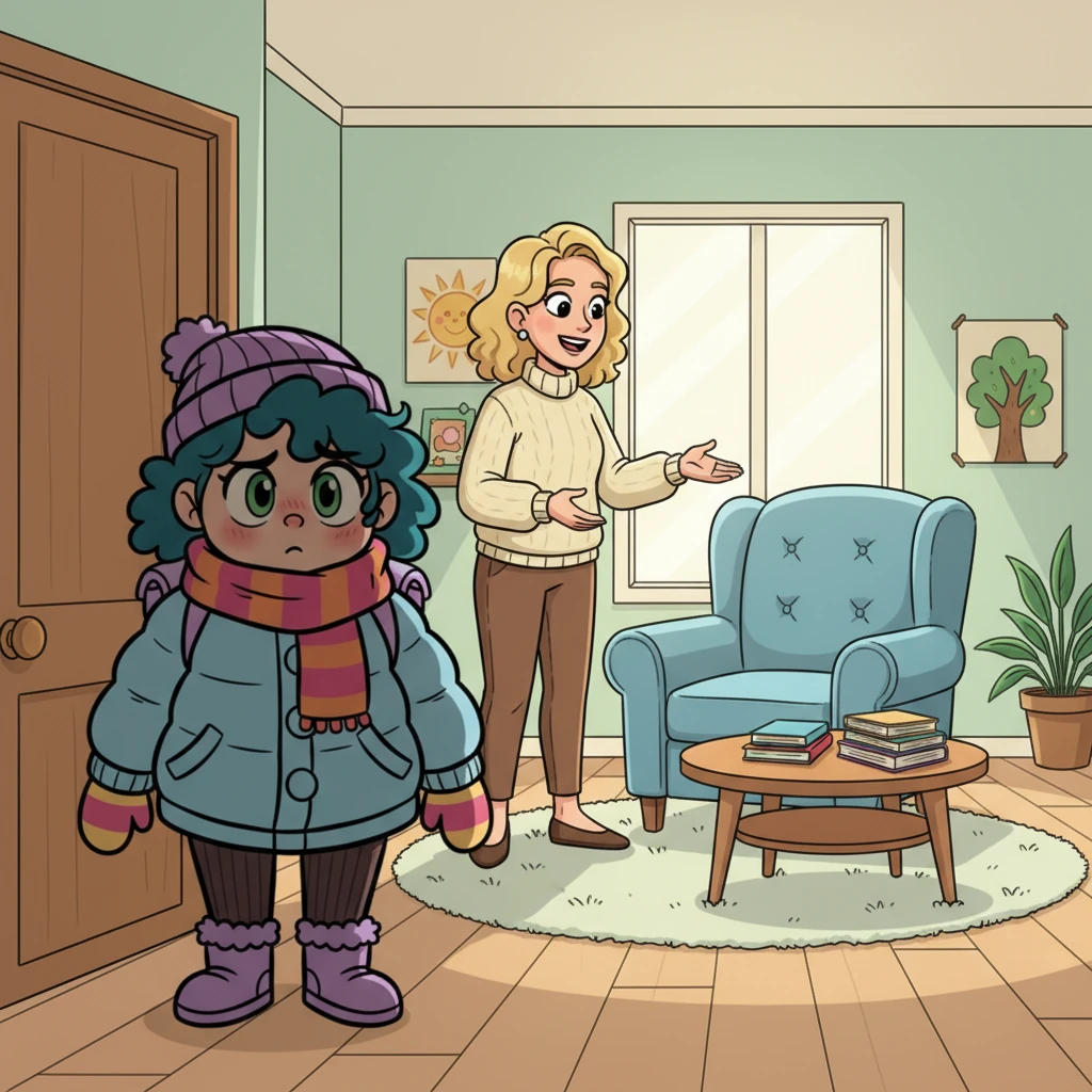 The therapy room is depicted with soft, inviting colors, though still feeling a bit too perfect and sterile. Sarah, with neat blonde curls and a warm, open smile, gestures towards a plush, oversized armchair. Emerald hesitates at the doorway, her silhouette sharp against the welcoming interior.