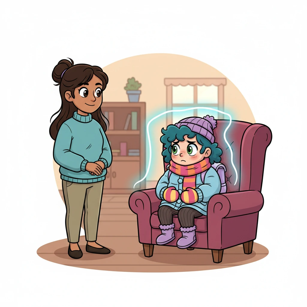 Emerald is perched on the very edge of the armchair, back ramrod straight, hands tightly clenched into comically large fists in her lap. Her eyes are averted, fixed on an imaginary spot on the floor, as Sarah watches her with a patient, understanding expression. A thick, invisible wall seems to separate them.