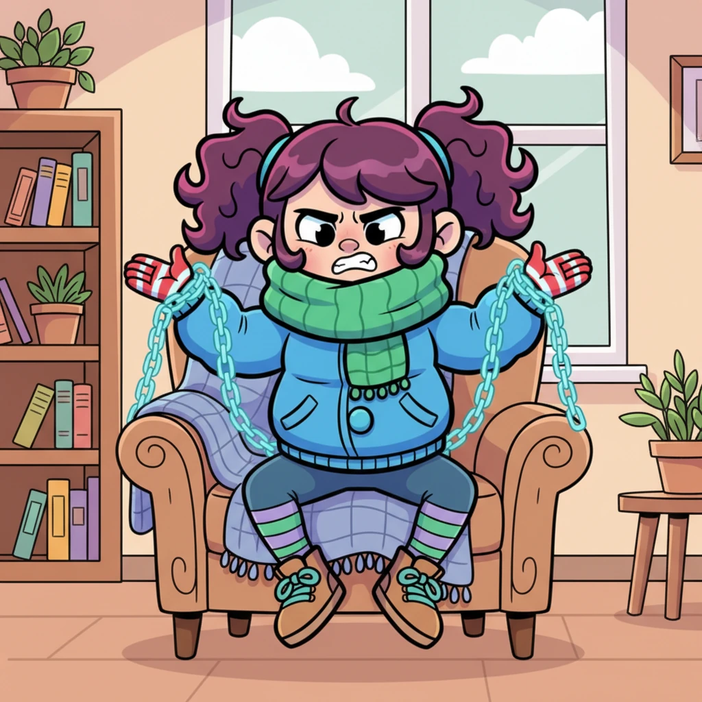 Emerald gestures emphatically with her hands, describing her "house arrest." Around her, cartoonish, glowing energy chains, visible only to her, subtly wrap around her wrists and ankles, pulling her down into the chair. Her face shows a mixture of anger and resignation.
