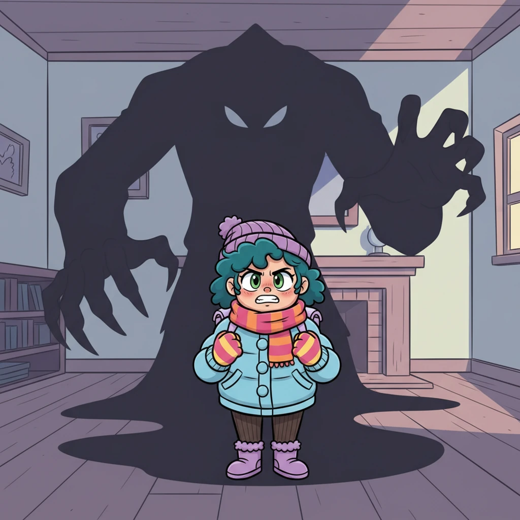 As Emerald speaks of her father, a large, looming, shadowy silhouette with exaggerated, controlling hands appears behind her, casting a long shadow over the room. Emerald's expression is tight with bitterness, her jaw clenched as she recounts his manipulation.