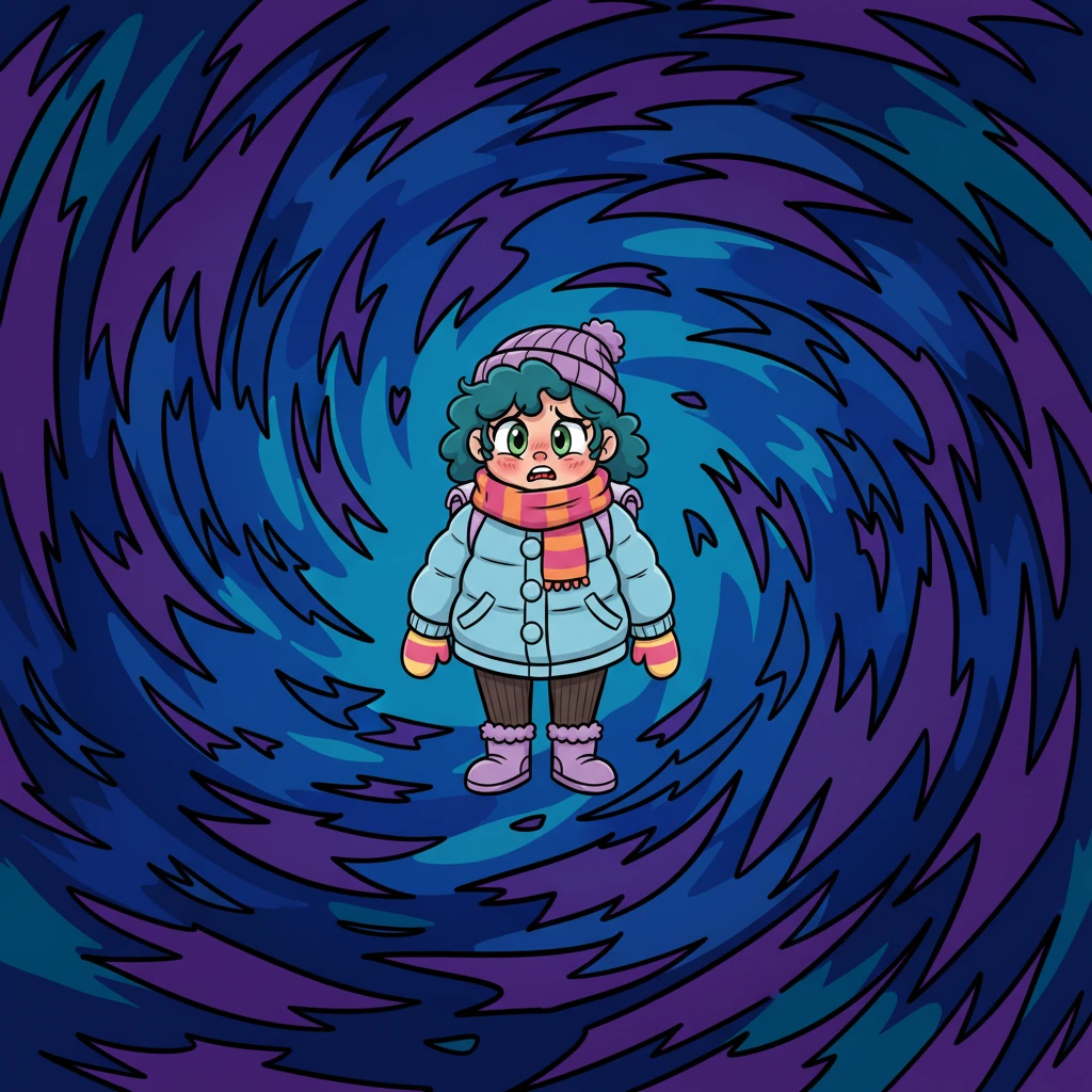 Emerald's eyes are wide and troubled as she confesses her dark thoughts about hurting herself or others. The background around her becomes a swirling vortex of deep blues and purples, with jagged, abstract shapes representing her internal pain and desire to feel something else.