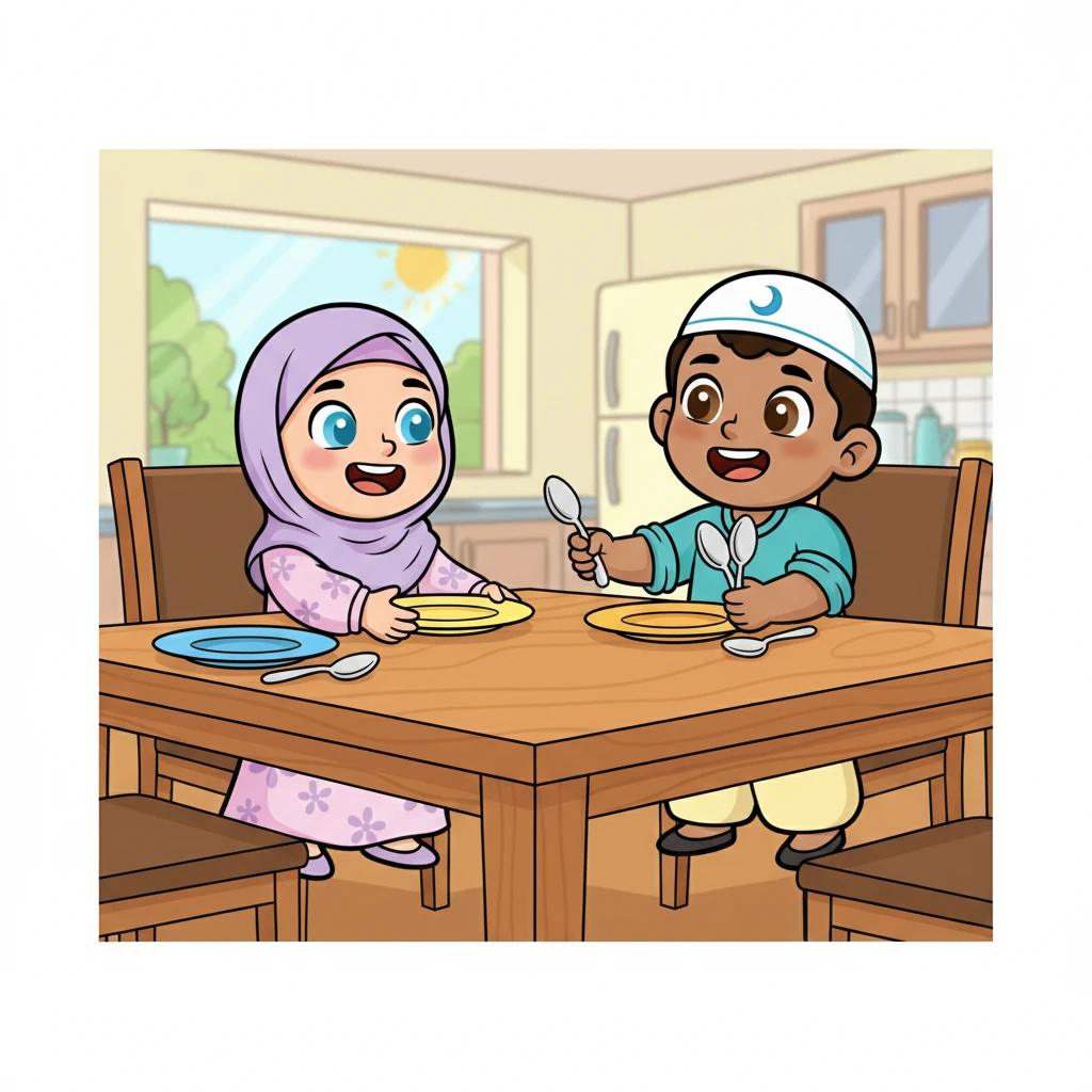 With bright smiles, Layla and Omar hurried to the kitchen, ready to help. They carefully placed colorful plates and shiny spoons on the big wooden table. Every item was arranged just right, making the table look inviting and neat.
