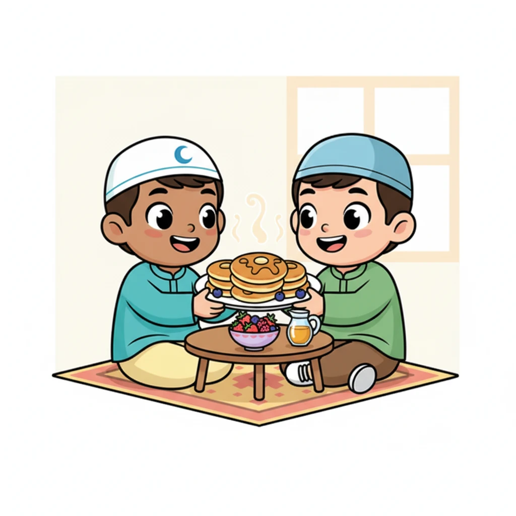 Soon, a wonderful aroma filled the air as their parent brought out a big platter of fluffy pancakes and a bowl of fresh, juicy berries. Golden syrup shimmered in a small pitcher, promising sweet deliciousness. It looked like a feast fit for little adventurers.